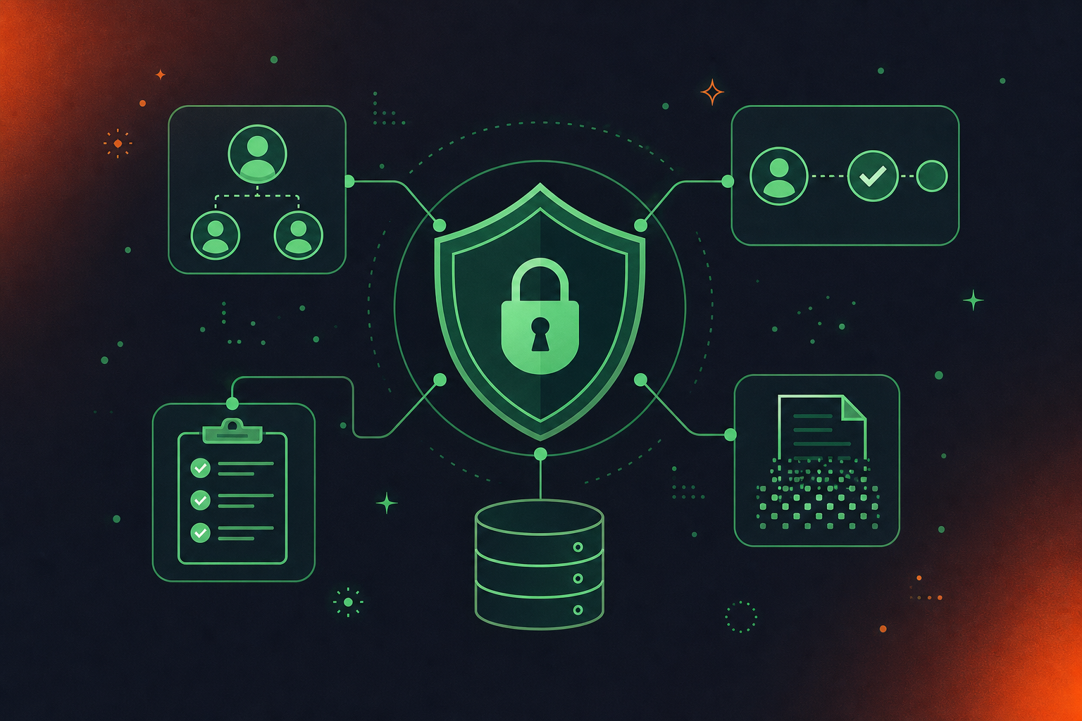 A clean flat design illustration showing a secure enterprise MCP connector architecture. A central shield icon with a lock represents governance and security controls. Connected to it are icons for RBAC access layers, OAuth authorization flow, compliance logging, and PII redaction. Clean green and white color palette, professional enterprise tech aesthetic, minimal iconography, no text, modern flat illustration style.