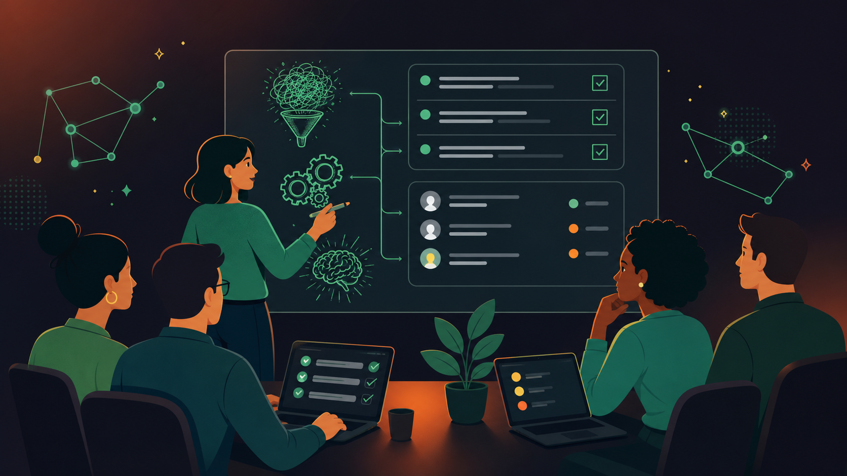 A clean, modern flat-style illustration of a structured team meeting in progress. A facilitator at a digital whiteboard with agenda items and action items visible, team members around a virtual table with checkboxes and task assignments appearing on screen. Professional color palette with blues and greens. No text or logos.