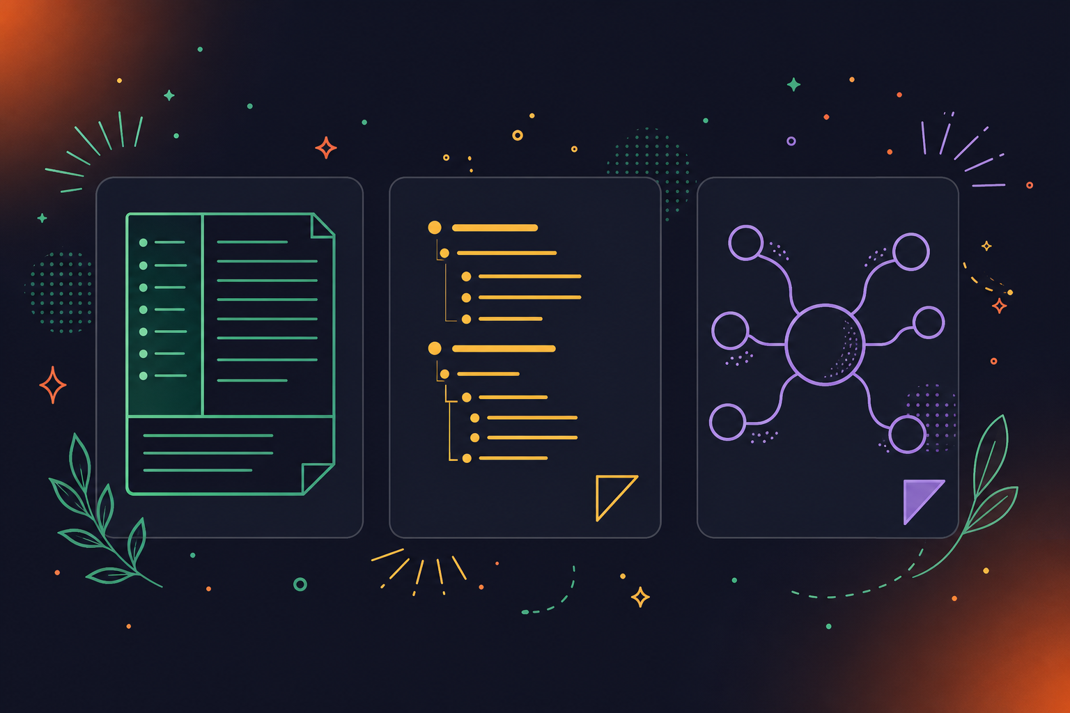 A clean, modern flat design illustration for a blog about note-taking methods, inspired by SaaS infographic style. Dark charcoal or near-black background (#1a1a2e or #0f0f1a) with bright accent colors: vivid green (#4ade80), amber/yellow (#fbbf24), and soft purple (#a78bfa). Three side-by-side method cards on the dark background. Left card labeled "Cornell" in green text shows a page divided into a narrow left cue column, wide right notes column, and summary at the bottom. Center card labeled "Outline" in amber text shows a hierarchical indented list with topics and subtopics. Right card labeled "Mapping" in purple text shows a central node with branching lines connecting ideas in a mind-map style. Each card has a subtle dark card background slightly lighter than the overall background. Modern sans-serif typography, clean icon-style decorative elements, professional tech SaaS aesthetic. No gradients — flat, bold, and high contrast.