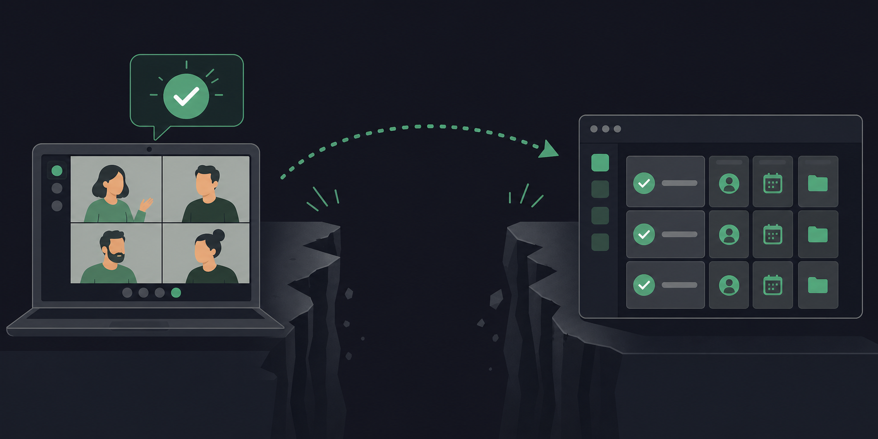 A clean flat-design illustration showing the gap between a meeting and completed work. On the left, a laptop with a video call in progress and a speech bubble containing a checkmark and text "Action Items Agreed". In the center, a wide gap or chasm labeled "The Accountability Gap". On the right, an Asana-style task board with cards showing "Owner", "Due Date", and "Project" fields, all checked and organized. A dotted arrow bridges the gap from left to right. Green, white, and soft gray color palette. Professional tech aesthetic, minimal style, no decorative elements.