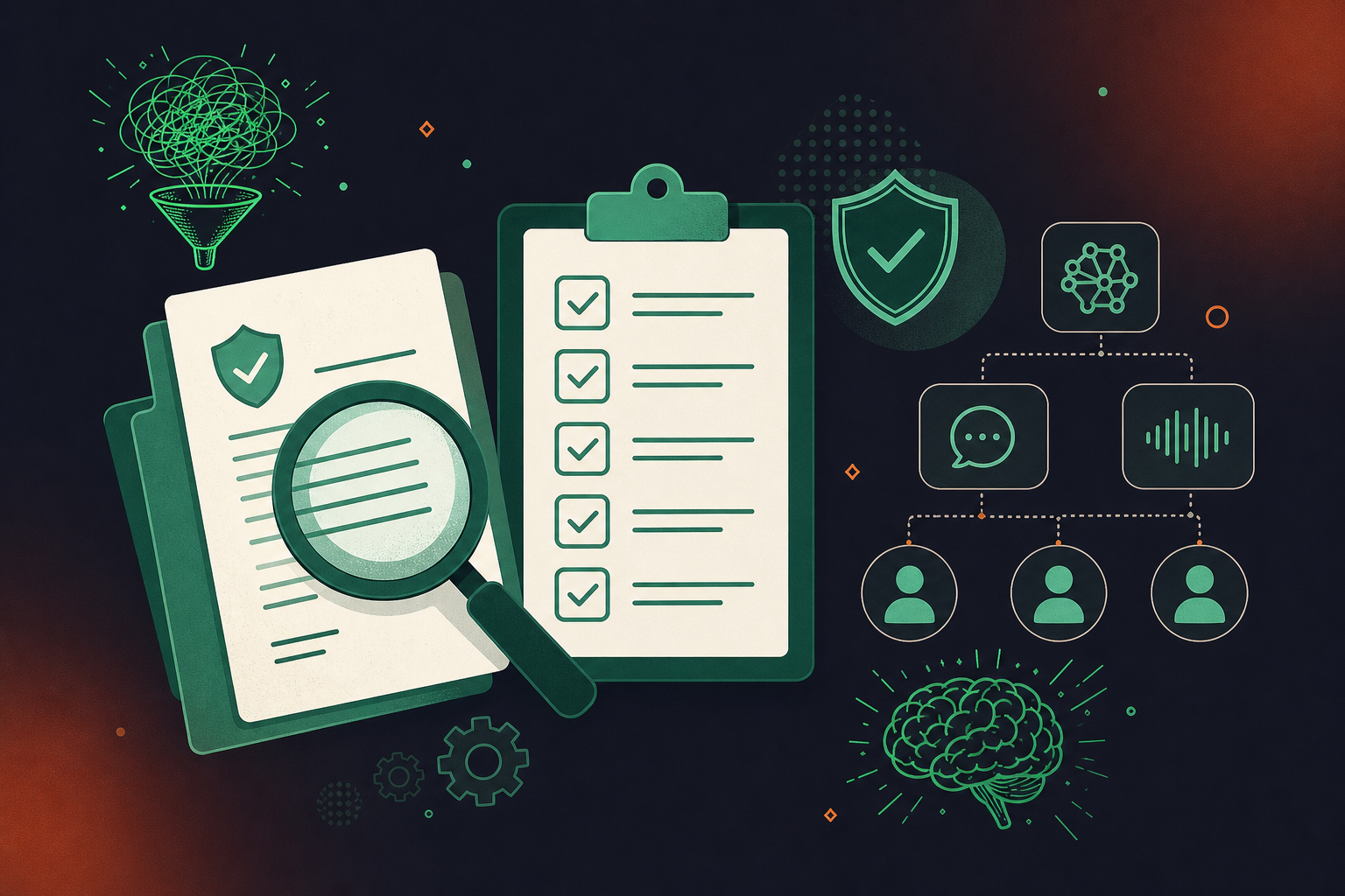 Clean flat design illustration showing a compliance checklist with a magnifying glass inspecting a vendor contract document, representing HIPAA BAA scope verification for AI meeting tools. Icons representing AI summaries, transcripts, and a subprocessor chain flow diagram. Shield and checkmark symbols. Green and white color palette, professional enterprise healthcare aesthetic, minimal iconography, no text labels.