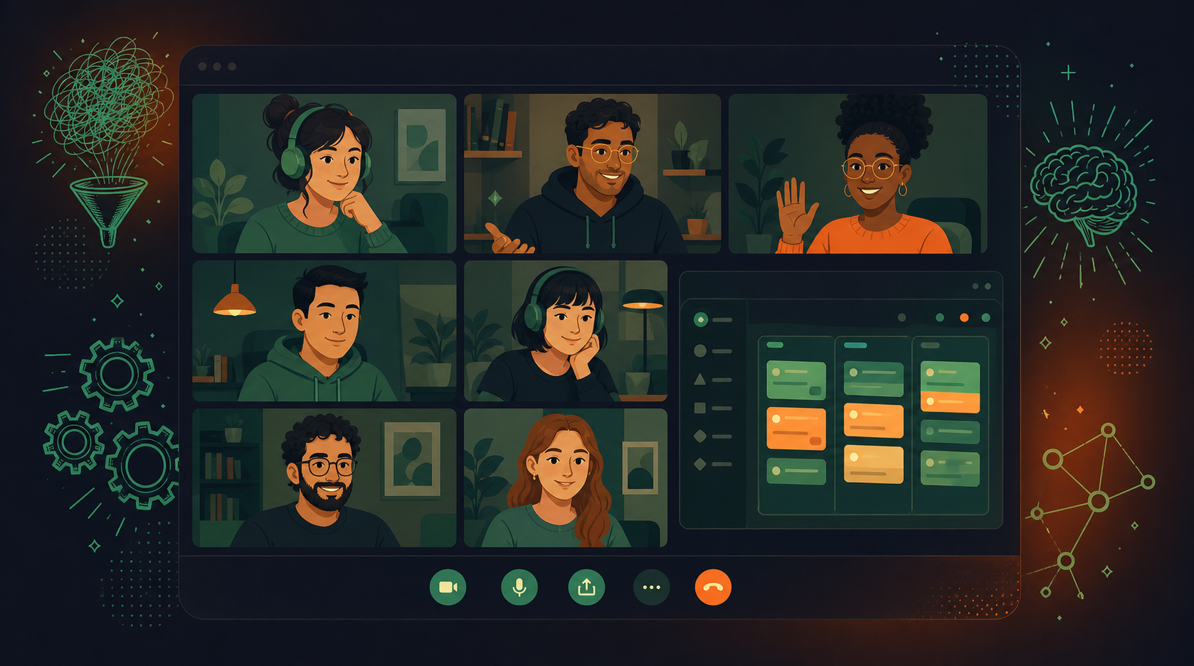 A diverse remote software engineering team participating in a daily standup meeting on a video call. Multiple participants visible on screen in a clean grid layout, one person sharing their screen with a task board. Flat illustration style, blue and green color palette, professional and modern tech workplace feel.