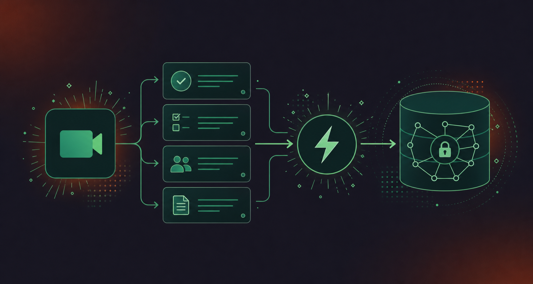 A clean flat design illustration showing structured meeting data flowing via webhook into an enterprise knowledge graph. A meeting icon (camera/video call) on the left with labeled output cards for "Decisions", "Action Items", "Participants", and "Summaries". Arrows point right toward a webhook icon (lightning bolt inside a circle), which then connects to a database/graph node labeled with a lock icon representing Glean's Enterprise Graph. Green and white color palette, professional enterprise tech aesthetic, minimal iconography, no text labels in the illustration itself.