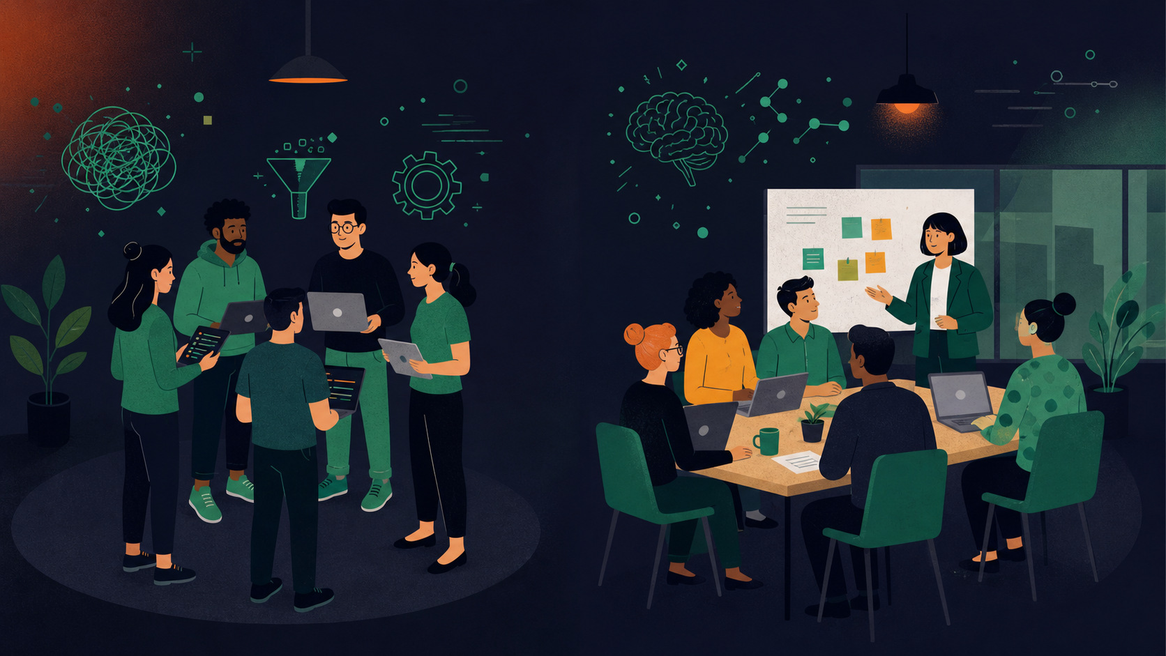 A clean, modern flat-style illustration showing two meeting formats side by side. On the left, a small tight-knit dev team standing in a circle for a quick daily standup, each holding a laptop or tablet, focused and brief. On the right, a larger diverse group around a table in a sync-up meeting, with a whiteboard, sticky notes, and a project manager present. Soft blue and green color palette, professional office setting, no text overlays.