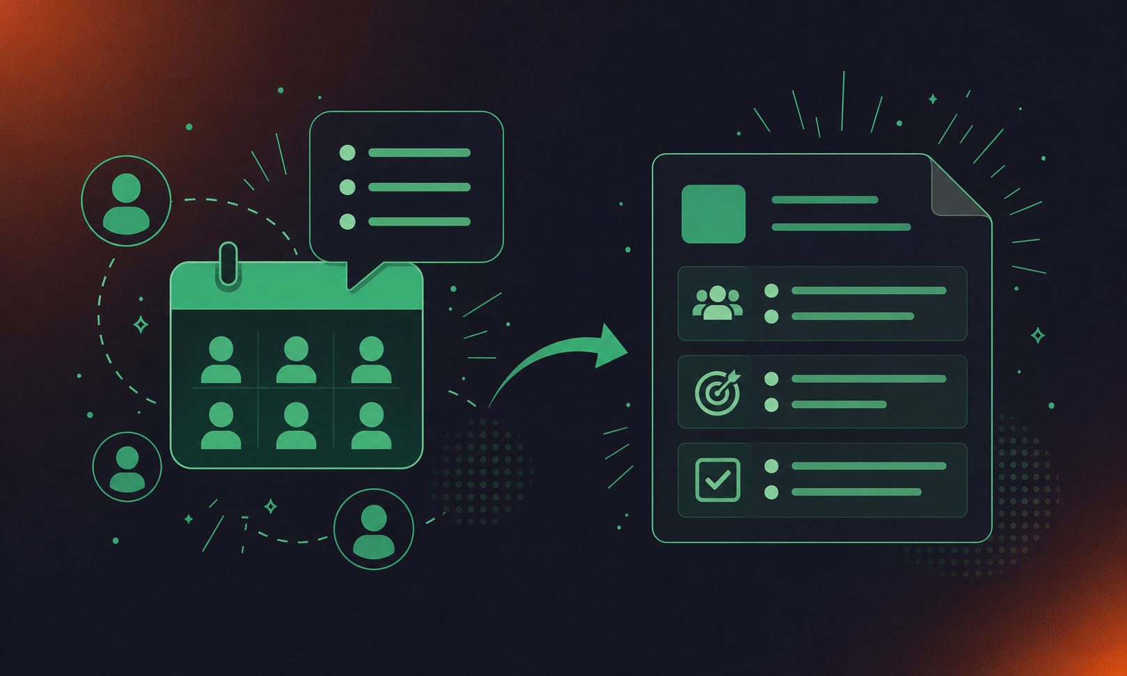 A clean flat design illustration showing meeting notes flowing automatically into a structured wiki or knowledge base page. A calendar/meeting icon on the left with a speech bubble containing bullet points, connected by a curved arrow to a structured document page with labeled sections (attendees, decisions, action items) on the right. Small user avatar icons around the meeting icon. Green and white color palette, professional enterprise tech aesthetic, minimal iconography, no text.
