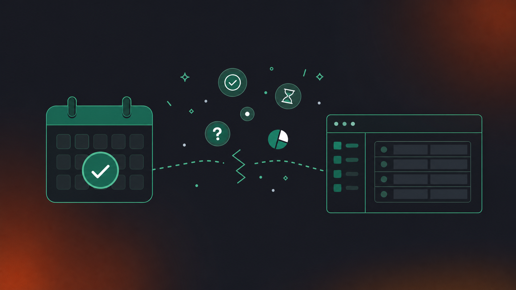 Clean flat design illustration showing the cost of post-meeting admin work. A calendar icon showing a meeting ended, connected by a broken dotted line to a Notion-style database page. In the gap between them, small floating icons represent lost action items, missing deadlines, and forgotten decisions. Green and white color palette, professional enterprise tech aesthetic, minimal iconography, no text in the image.