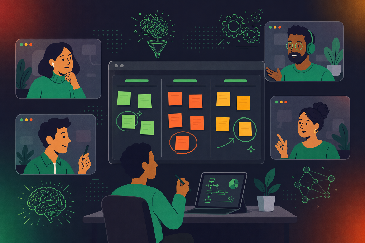 A flat illustration of a diverse remote team gathered around a digital whiteboard for an Agile sprint retrospective. The whiteboard shows sticky notes organized into columns labeled "What Went Well", "What Didn't", and "Action Items". Team members are shown on video call screens around the board, engaged and contributing. Clean, modern, professional style with a soft blue and green color palette. No text logos or branding.