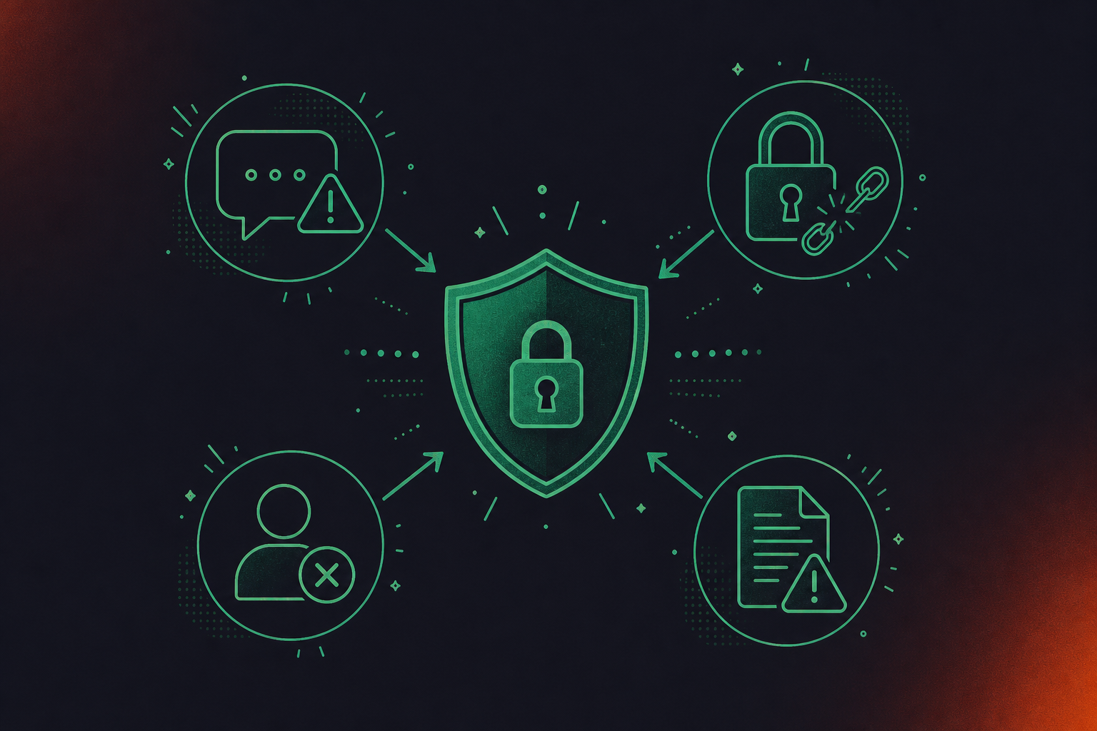 Clean flat design illustration for an enterprise security section about webhook pipelines and meeting data. A shield icon at center with four threat vector icons surrounding it: a speech bubble with a warning symbol (prompt injection), a lock with a broken chain (data exfiltration), a person with an X badge (access control drift), and a legal/document icon with a caution symbol (compliance exposure). Arrows point inward toward the shield from each icon. Green and white color palette, professional enterprise tech aesthetic, minimal iconography, no text labels in the illustration itself.