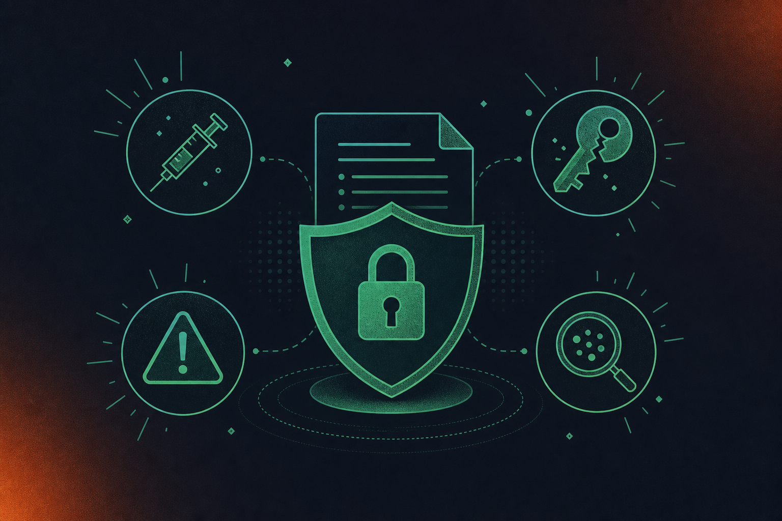 A clean flat design illustration depicting AI meeting data security risks. A central shield icon with a lock symbol protecting a document labeled "Meeting Data" — surrounded by four labeled threat icons: a syringe-style prompt injection symbol, a broken key for access control, a warning triangle for compliance exposure, and a magnifying glass over data for audit logging. Green and white color palette, professional enterprise tech aesthetic, minimal iconography, no text inside the illustration.