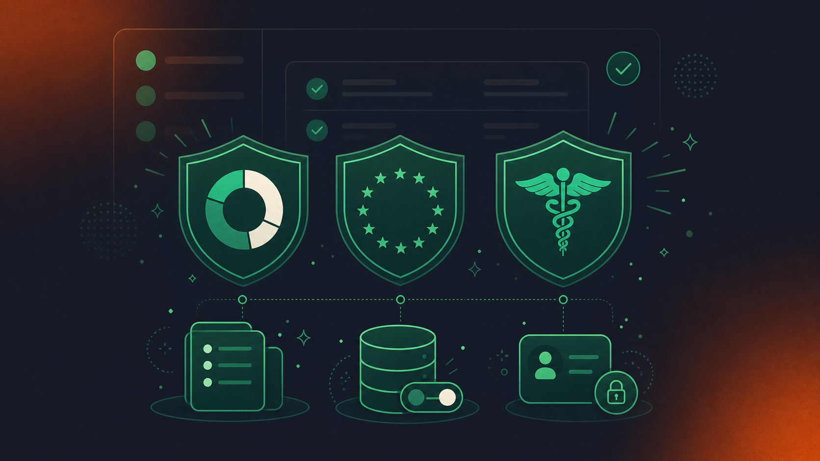 A clean flat design illustration for an enterprise security certifications section. Shows three certification badges or shield icons labeled SOC 2, GDPR, and HIPAA arranged prominently in the center. Below them, icons representing audit logs, retention controls, and SCIM provisioning. A subtle admin dashboard panel in the background with checkmarks and compliance status indicators. Green and white color palette, professional enterprise tech aesthetic, minimal iconography, no text labels on the main elements, no people.