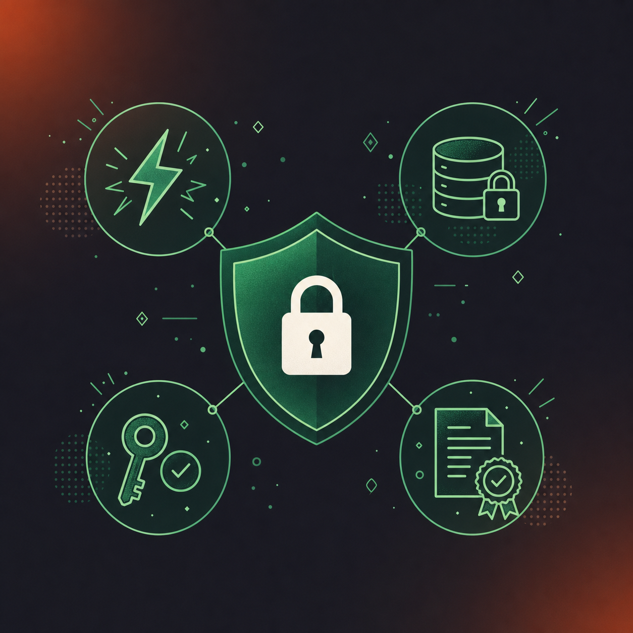 A clean flat design illustration showing enterprise security controls for an MCP server handling conversation data. A central shield icon in the foreground with a lock symbol, surrounded by four smaller icons representing: a prompt injection warning (lightning bolt), data exfiltration protection (locked database), access control enforcement (key with checkmark), and compliance certification (document with badge). Small connecting lines link each threat icon to the central shield. Green and white color palette, professional enterprise tech aesthetic, minimal iconography, no text labels.