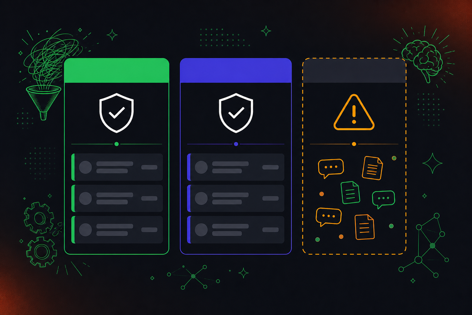 Flat design illustration on a dark charcoal (#1a1a1a) background. Three vertical card columns side by side, each a bold rounded rectangle. Left column: deep green (#22C55E) header labeled "CRM" in white bold sans-serif, a shield with checkmark icon below in white, and the word "Governed" in green, with three tidy horizontal data rows in dark gray (#2a2a2a) with green left-border accents. Middle column: indigo (#4F46E5) header labeled "ERP" in white bold sans-serif, a shield with checkmark icon below, and the word "Governed" in indigo tint, with three tidy horizontal data rows in dark gray with indigo left-border accents. Right column: dark gray (#2a2a2a) header labeled "Meetings" in white bold sans-serif, a warning triangle icon in amber (#F59E0B) below, and the word "Ungoverned" in amber, with scattered speech bubble and document icons in the card body suggesting unstructured data, and a dashed amber border around the entire right column to emphasize the gap. No white background. No gradients. No shadows. Dark mode aesthetic throughout. Clean professional tech illustration, minimal flat design.