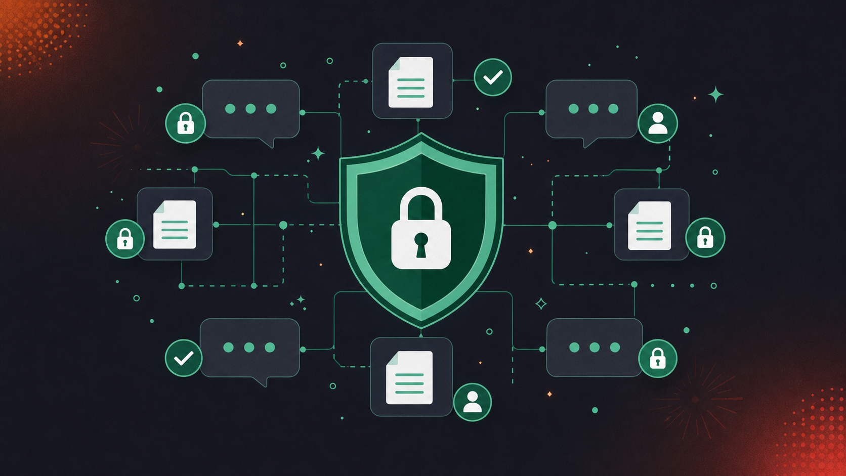 Clean flat design illustration showing a secure enterprise data governance layer protecting meeting conversation records. A central shield icon overlaid on a grid of speech bubble and document icons, with padlock symbols and permission badges on individual data nodes. Green and white color palette, professional enterprise tech aesthetic, minimal iconography, no text. Style inspired by modern SaaS security and compliance illustrations.