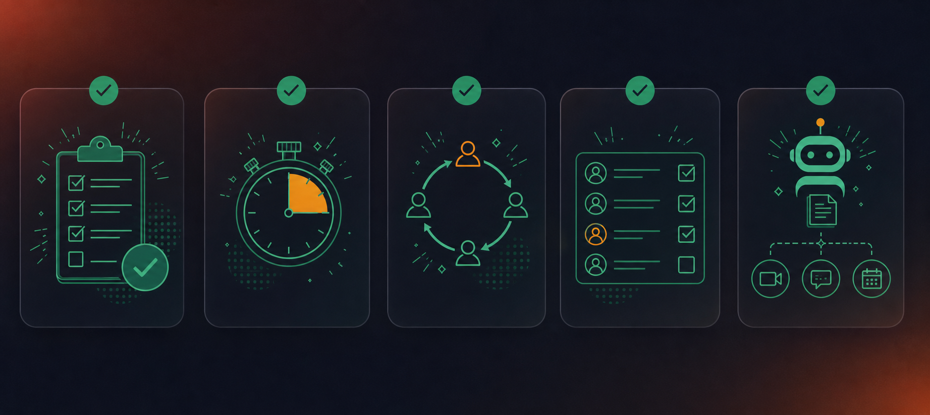 A clean flat design illustration showing five productive Scrum meeting best practices represented as icons in a horizontal row: a preparation checklist, a 15-minute timer, a speaking order rotation circle, an action items list with named owners and checkboxes, and a robot/AI assistant auto-routing notes to tools. Green and white color palette, professional enterprise tech aesthetic, minimal iconography, soft card shadows, no text labels, consistent icon style matching a modern SaaS product blog.