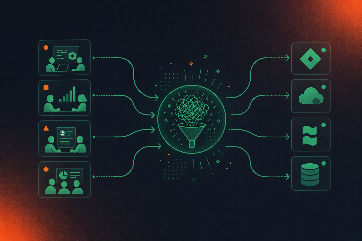 Clean flat design illustration showing multiple meeting types (engineering standup, sales call, HR interview, executive sync) represented as small labeled icons on the left, connected by arrows routing to different tool icons on the right (Jira ticket, Salesforce record, Confluence page, knowledge base). Central hub in the middle represents the conversation intelligence layer that distributes structured outputs. Green and white color palette, professional enterprise technology style, minimal icons, no text labels, no em dashes.