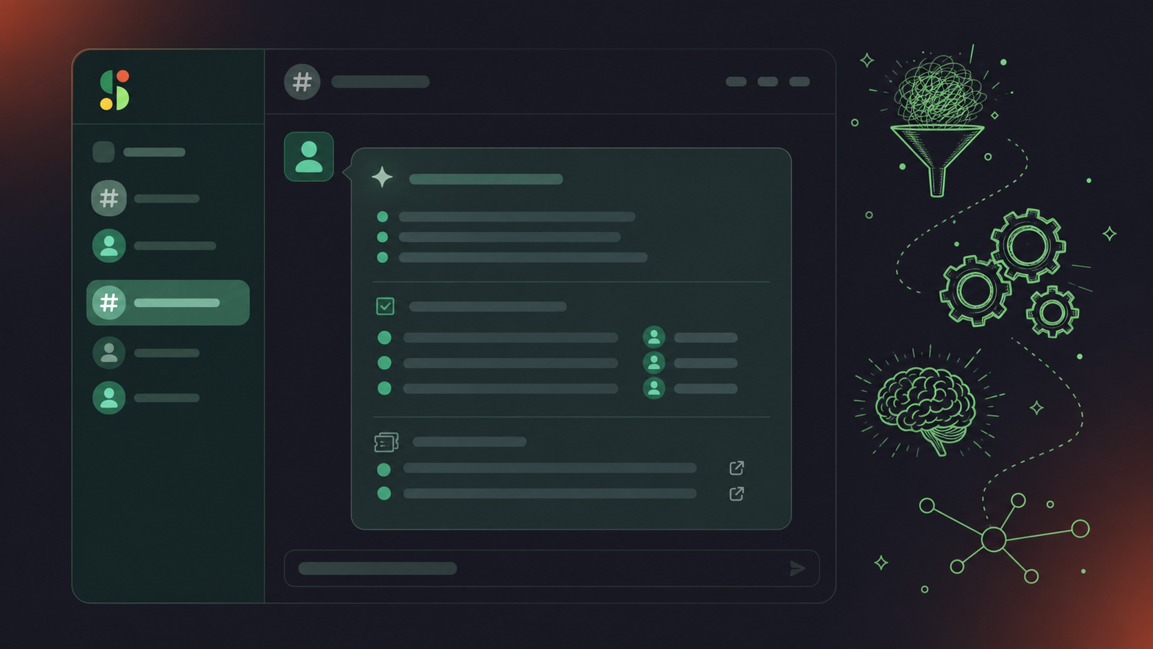 A clean flat design illustration showing a Slack channel interface receiving structured meeting summaries. Multiple channels listed on the left sidebar (like #eng-standup, #account-team, #meeting-notes) with a highlighted message in the active channel showing a formatted meeting summary with decision bullet points, action items with named owners, and ticket references. Green and white color palette, professional enterprise tech aesthetic, minimal iconography, no text labels, consistent with flat UI illustration style.