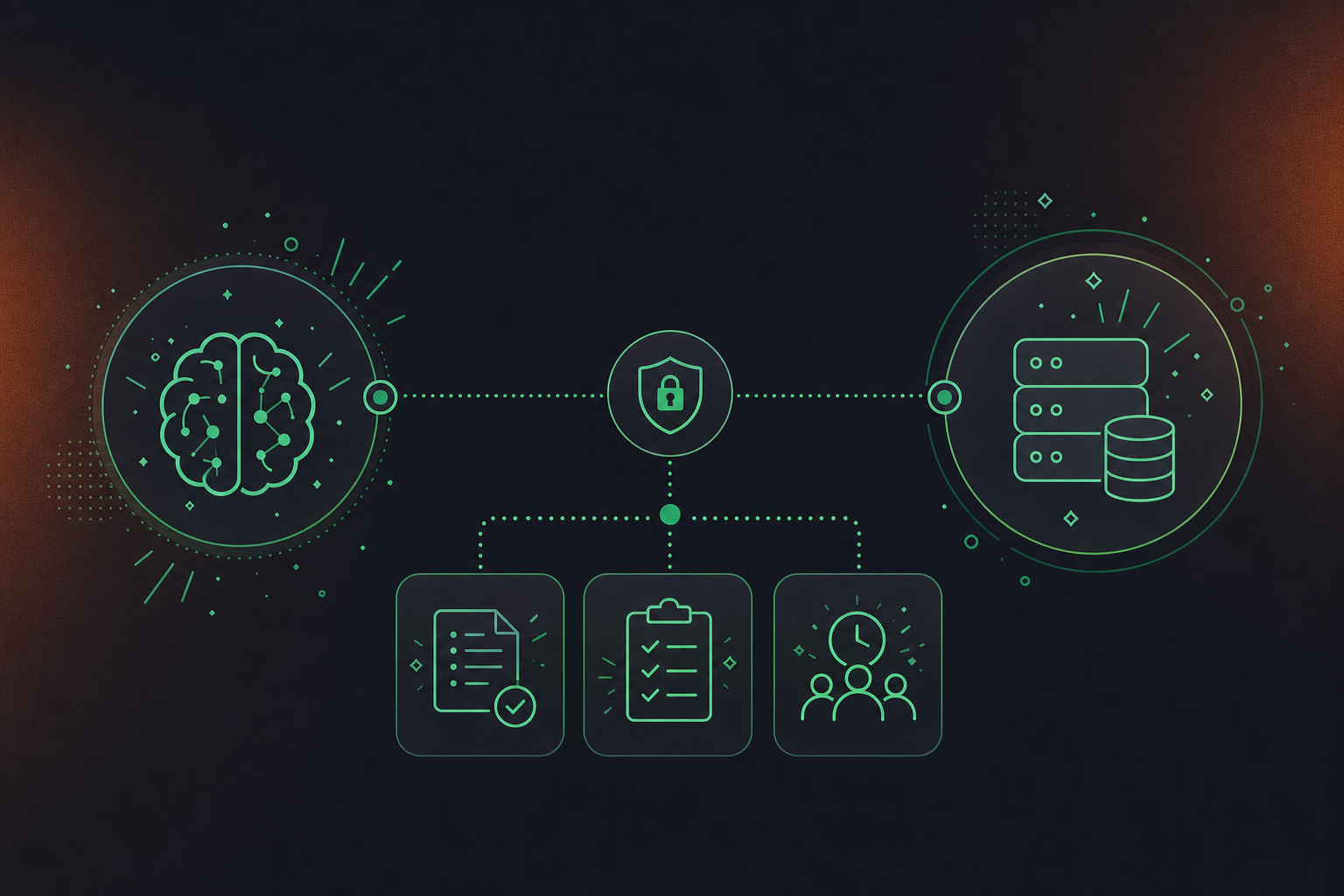 A clean flat design illustration showing an MCP client-server architecture for AI agents. A central Claude AI agent icon on the left connected by a secure protocol line to a server icon on the right labeled as a conversation data repository. Three tool/query icons flow between them representing structured meeting data outputs: decisions, action items, and participant history. Green and white color palette, professional enterprise tech aesthetic, minimal iconography, no text.