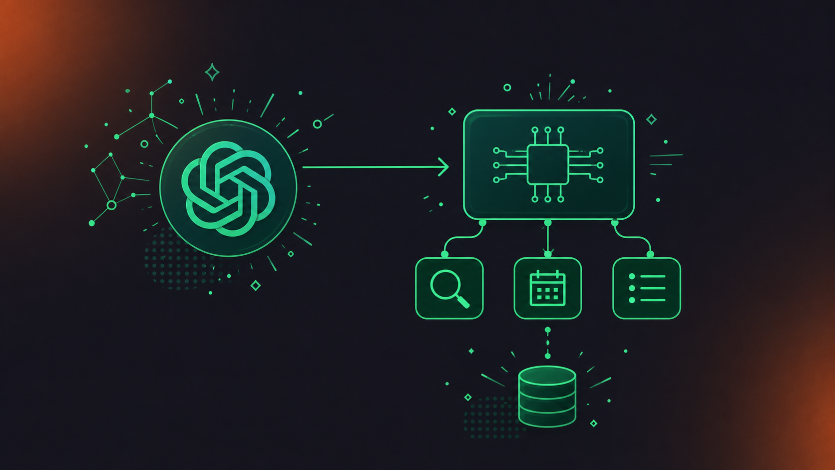 A clean flat design illustration of an MCP client-server architecture for meeting data. A central AI agent icon (labeled "ChatGPT Agent") on the left connected by a clean arrow to an MCP server block on the right, which has three tool icons below it representing search, get-meeting, and list-meetings. Small database cylinder beneath the server represents the conversation data corpus. Green and white color palette, professional enterprise tech aesthetic, minimal iconography, no text labels.