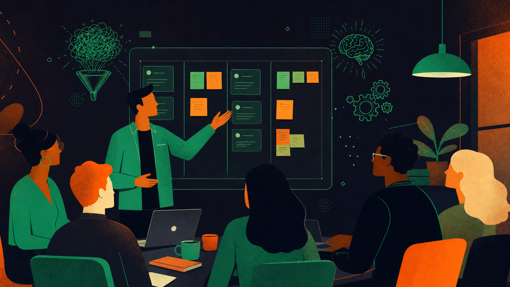 A product manager or team lead facilitating a daily standup meeting, standing in front of a digital task board with sticky notes and sprint cards. Team members gathered around, engaged and attentive. Flat illustration style, blue and green color palette, modern tech workplace feel.