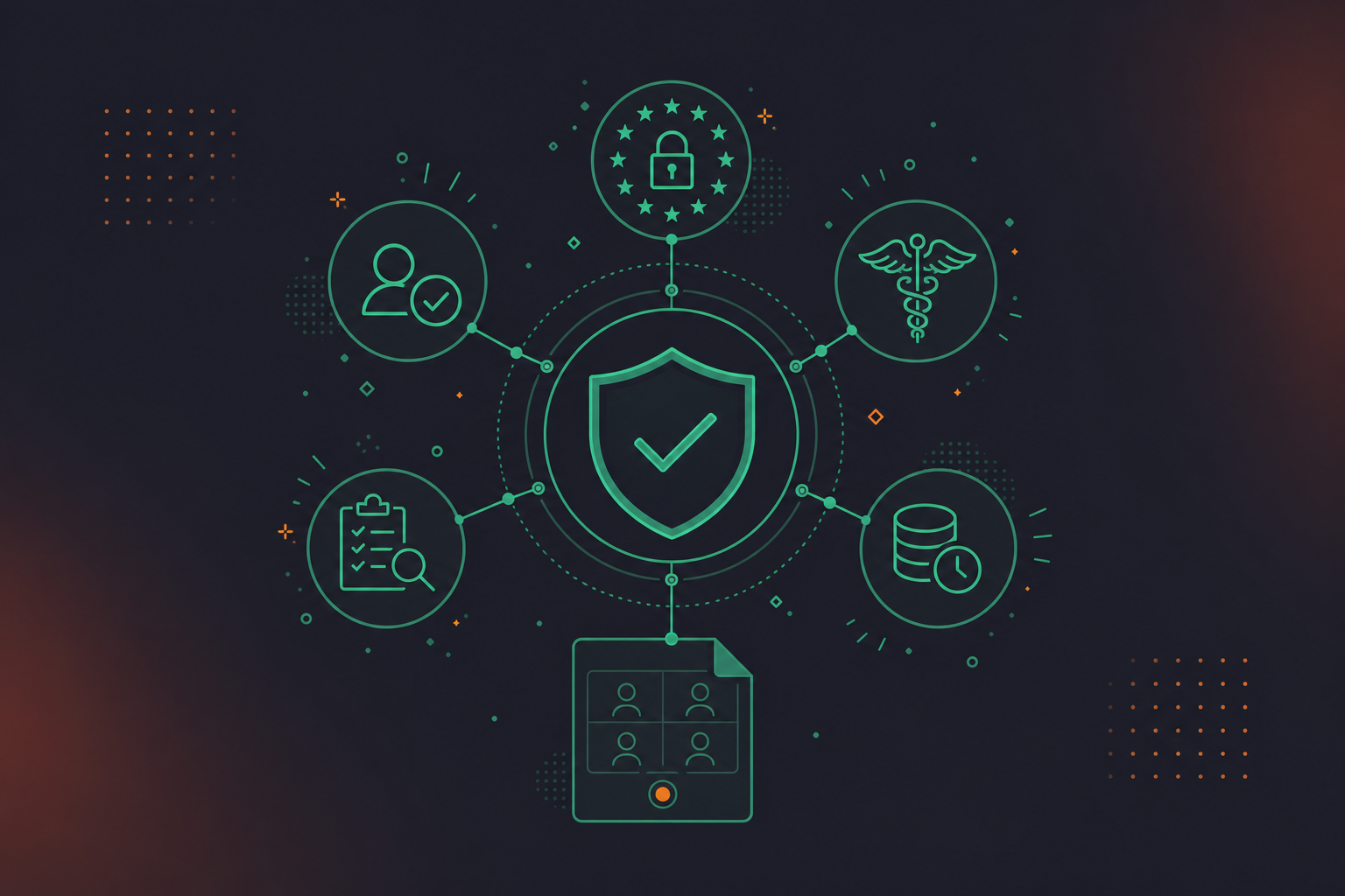 A clean flat design illustration of enterprise meeting compliance and governance. A shield icon at the center surrounded by icons representing GDPR, HIPAA, consent notification, audit log, and data retention. Connected by clean lines to a meeting recording document. Green and white color palette, professional enterprise tech aesthetic, minimal iconography, absolutely no text or labels.