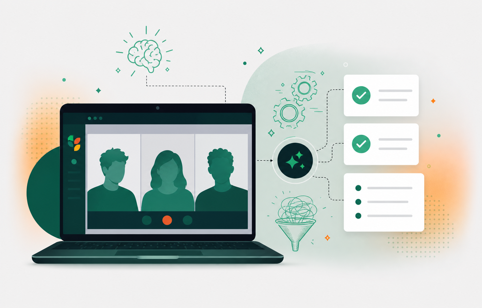 Clean flat design illustration for an enterprise tech blog. A laptop screen showing a meeting in progress with three abstract silhouettes visible on the screen. An AI assistant icon (robot or sparkle symbol) sits beside the laptop, with structured card panels flowing out to the right showing checkmarks for decisions and bullet lists for action items. Green and white color palette, soft gray background, minimal iconography, professional enterprise aesthetic, no text labels.