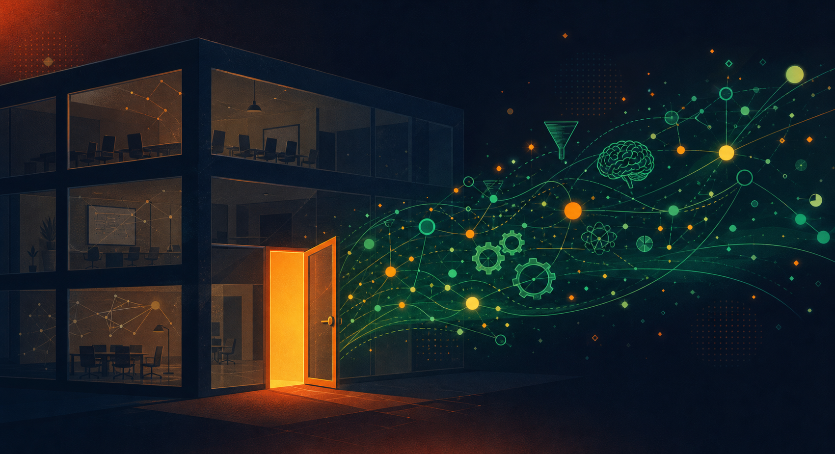 A visual metaphor showing the flow of knowledge leaving an organization: a glowing stream of interconnected nodes and data points flowing out of a modern office building through an open door, with the interior showing fading meeting rooms, empty whiteboards, and dimming network connections — conveying institutional memory and expertise walking out the door, in a clean, professional style with deep blues and warm amber tones
