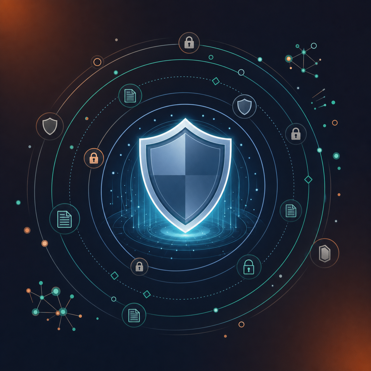 A flat digital illustration of a secure enterprise data vault concept: a large glowing shield in the center surrounded by layered concentric rings representing governance layers, with small padlock icons, document icons, and abstract badge shapes orbiting the rings at different distances. The inner core emits a soft blue-white glow suggesting protected data. Color palette is deep navy, teal, and silver. Clean, modern, no text or labels anywhere.