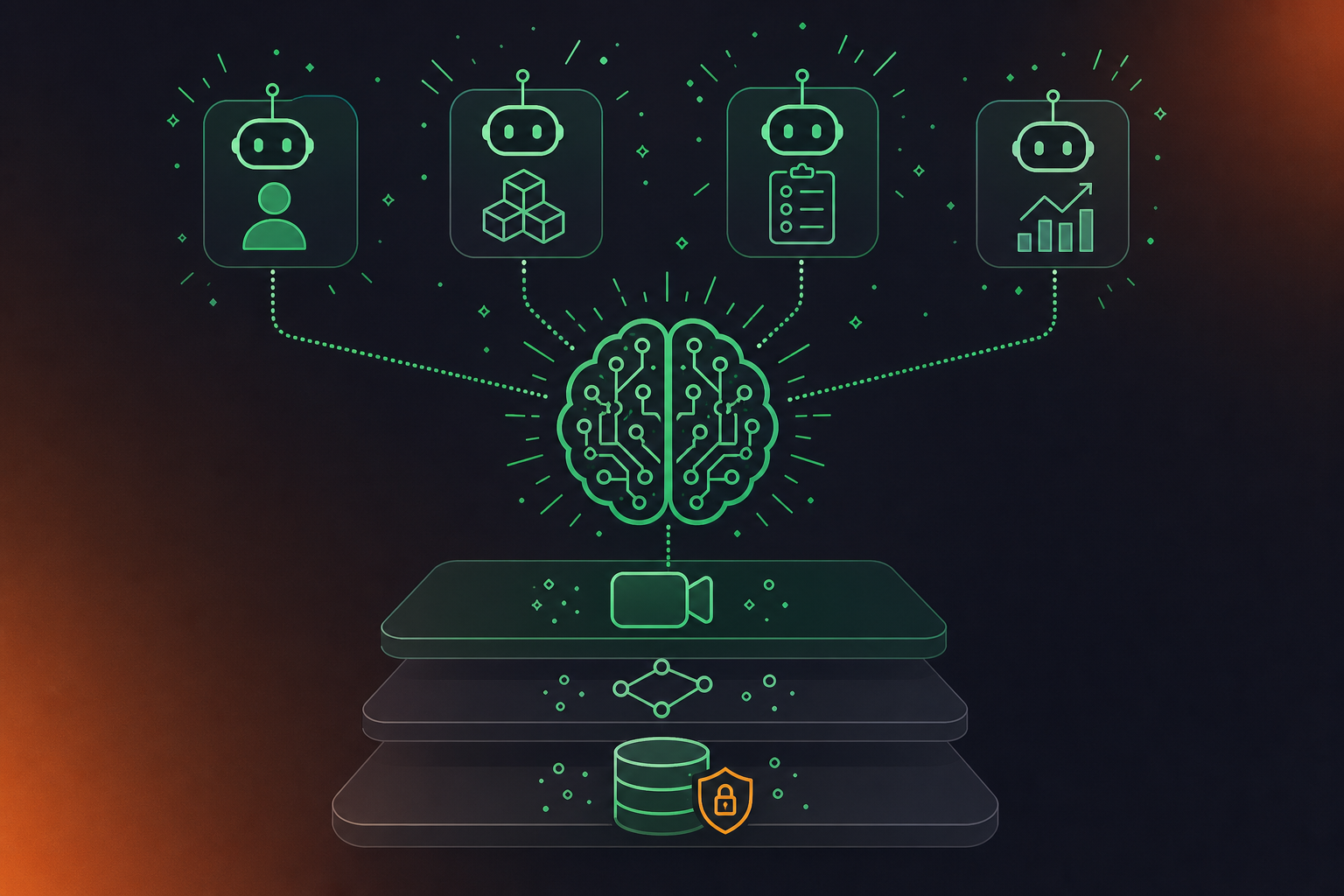 A clean flat design illustration showing AI agents built on top of a shared organizational brain. At the bottom, a layered foundation stack with icons for video call capture, structured data enrichment, and a secure database vault with a shield/lock icon. Above that, multiple agent icons (customer success, product, onboarding, CRM update) each connected by lines to the same central brain/corpus — showing shared context. Green and white color palette, professional enterprise tech aesthetic, minimal flat iconography, no text labels.