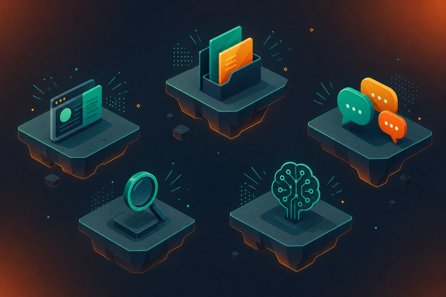 An isometric illustration of a fragmented organizational technology stack: several disconnected floating platforms or islands, each representing a different software category — a wiki, a document vault, a chat bubble cluster, a search magnifying glass, and an AI brain icon — all hovering separately in mid-air with no bridges connecting them, set against a cool blue-gray gradient background, clean geometric flat design, no people, professional and abstract atmosphere