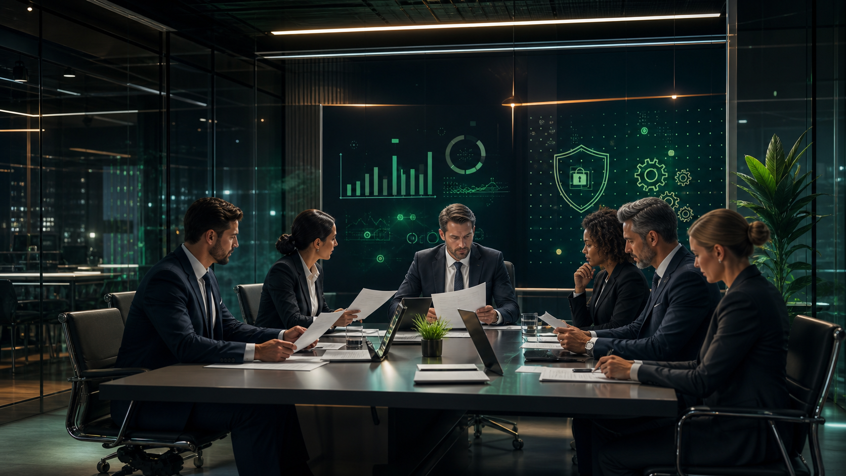 A professional financial services compliance scene: a sleek modern conference room with glass walls, a large screen displaying abstract data charts and security shield icons, business professionals in formal attire reviewing documents around a table, Spinach AI brand green and white color palette with accents of deep forest green, clean corporate atmosphere, cinematic lighting, no text or words anywhere in the image