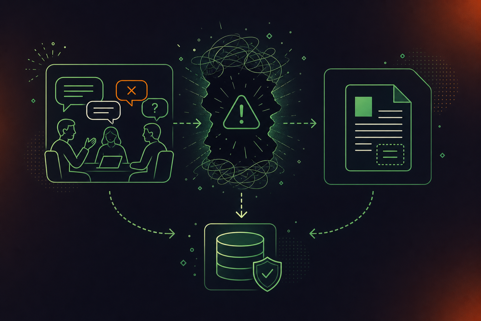 A clean flat design illustration showing the conversation blind spot in organizational knowledge management. On the left, a meeting room icon with speech bubbles representing spoken decisions, rejected alternatives, and reasoning — labeled "What Gets Said." In the center, a large gap/void with a warning icon showing data that never gets captured. On the right, a document/wiki icon labeled "What Gets Written Down" showing only a small fraction of the original conversation making it through. Below, an arrow pointing to a governed data vault with a shield icon labeled "Company Brain" showing automatic capture closing the gap. Green and white color palette, professional enterprise tech aesthetic, minimal iconography, no text labels in the image itself.