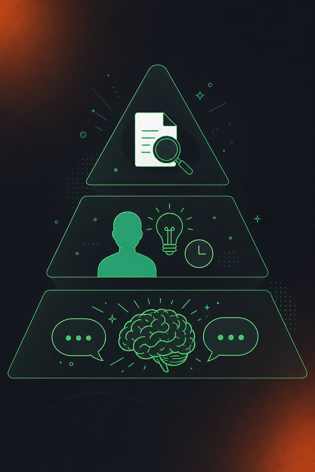 A clean flat design illustration showing three layers of organizational knowledge as a pyramid or stacked tiers. Bottom layer labeled concept: tacit knowledge, represented by a human brain icon and two speech-bubble conversation icons showing live back-and-forth dialogue. Middle layer: implicit knowledge, represented by a person silhouette with a lightbulb and a small clock or experience icon. Top layer: explicit knowledge, represented by a document/page icon and a magnifying glass. Green and white color palette with subtle gray accents. Professional enterprise tech aesthetic, minimal iconography, no text labels in the image itself. Clean lines, flat shapes, modern illustration style matching enterprise SaaS blog aesthetics.