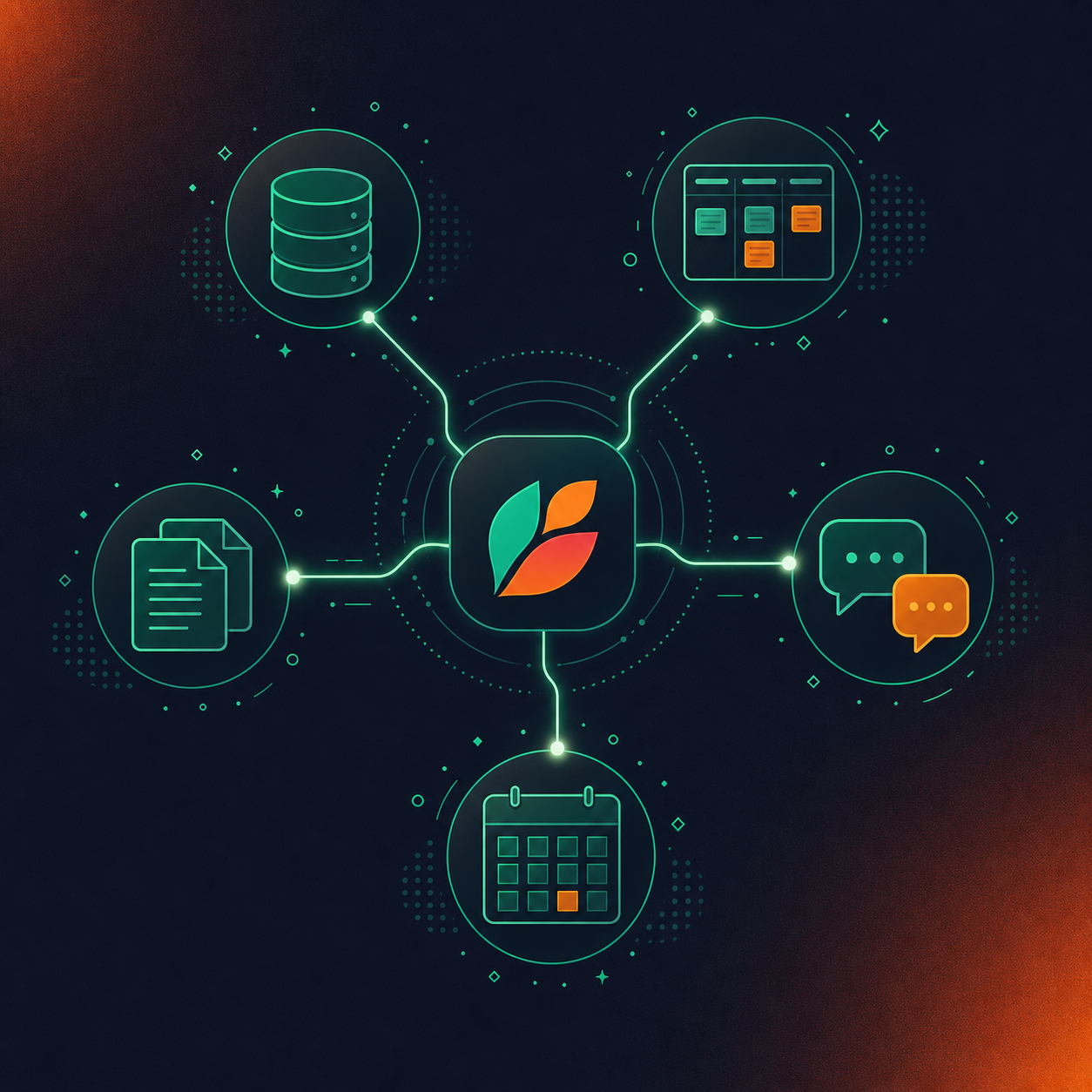 A top-down flat illustration of a central hub connected by glowing lines to multiple surrounding icons representing different business software categories: a CRM database, a project task board, a knowledge base document stack, a chat bubble interface, and a calendar grid. The connections pulse with soft light suggesting data flowing outward from the center to each tool. Clean, modern, dark blue and teal color palette, no text or labels anywhere in the image.