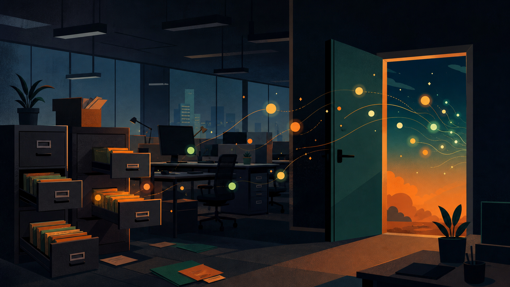 A conceptual illustration of organizational knowledge loss: a modern open-plan office with empty desks, filing cabinets with open drawers, and glowing orbs of light representing knowledge floating away through an open door into the outside world. Muted blue and amber tones, clean geometric style, no people visible, abstract and professional atmosphere.