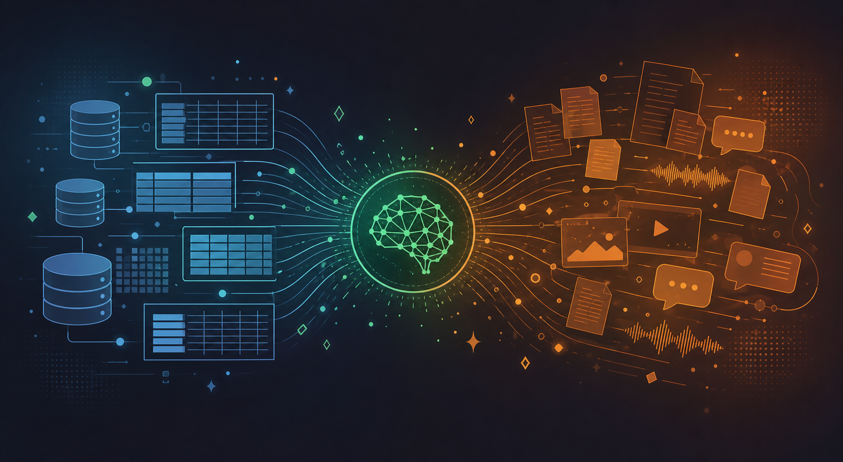 A split-screen conceptual illustration showing two types of enterprise data flowing into a central AI system. On the left side, clean structured data represented as organized rows and columns, database icons, and neat grid patterns in cool blue tones. On the right side, unstructured data represented as scattered documents, audio waveforms, conversation bubbles, and video frames in warm amber tones. Both streams converge into a glowing central hub, symbolizing an AI knowledge processing core. Modern flat design style, no text or labels, professional corporate color palette.