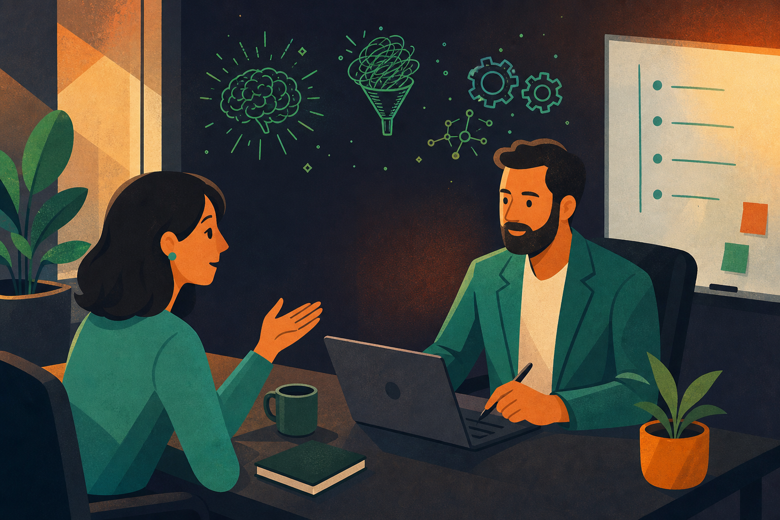 A manager and direct report sitting across from each other at a modern office desk, having a focused one-on-one meeting. The manager is taking notes on a laptop while the employee speaks. Clean, professional workspace with a whiteboard in the background showing a simple agenda. Warm, natural lighting. Flat illustration style with muted blues and greens. No text or labels in the image.