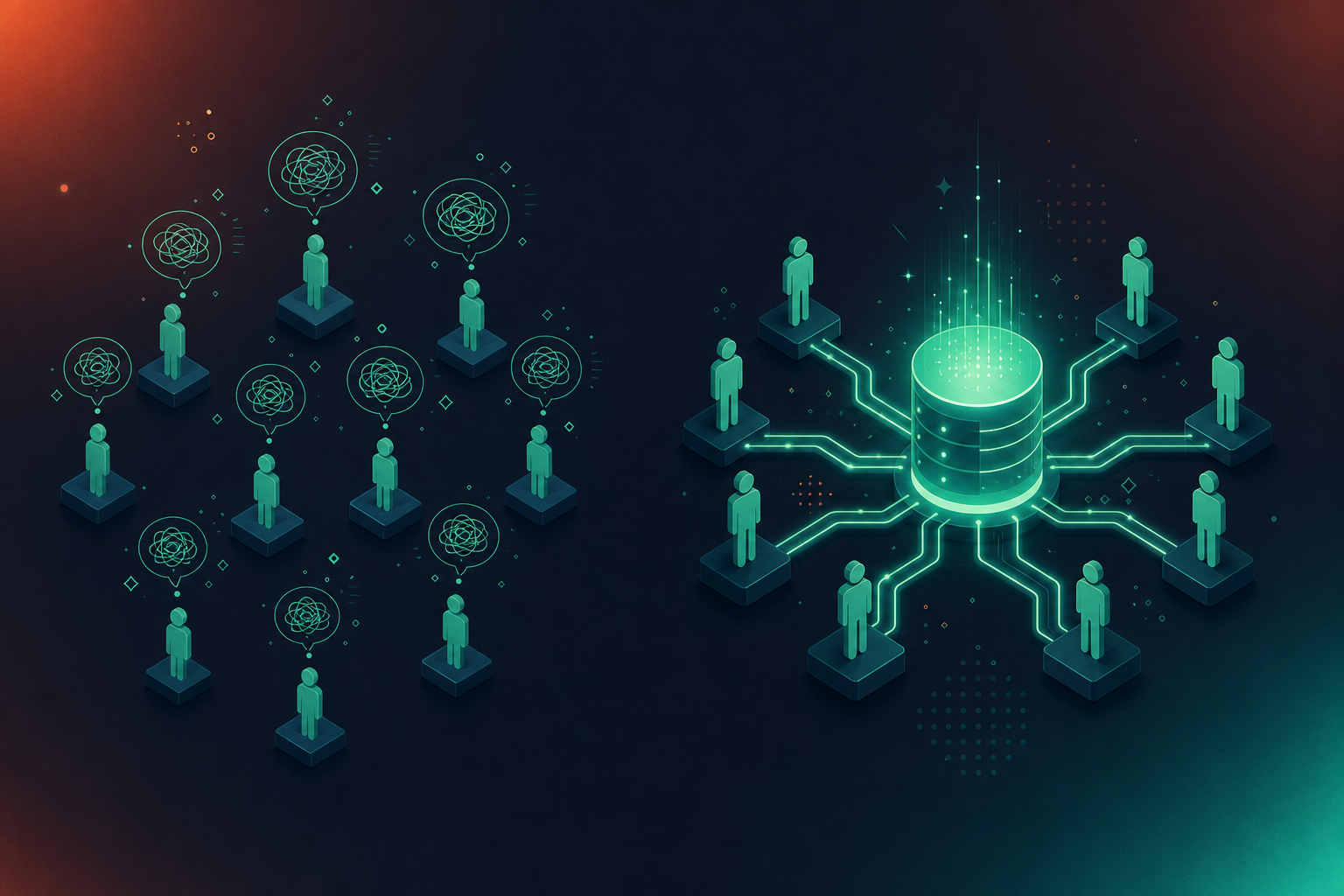An isometric illustration showing two contrasting organizational structures side by side: on the left, many isolated individual silhouettes each with their own small disconnected data bubble floating above them, representing fragmented per-user meeting records; on the right, a unified group of silhouettes connected to a single central glowing data repository with structured pathways flowing between them, representing centralized organizational governance. Deep navy and teal color palette, clean geometric shapes, no text or labels anywhere.