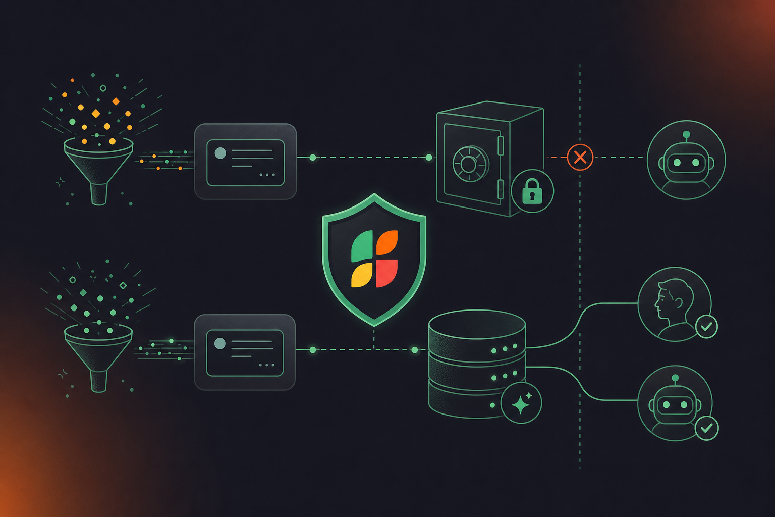 A clean flat design illustration showing enterprise governance and permissions for a company brain knowledge system. A central shield icon with a classification layer diagram showing conversation types being tagged: one stream labeled HR/Legal flowing to a locked vault, another labeled General Knowledge flowing into an open queryable database. A human figure and an AI agent icon both query the database, but the locked vault blocks the AI agent with a clear visual boundary. Green and white color palette, professional enterprise tech aesthetic, minimal iconography, no text labels.