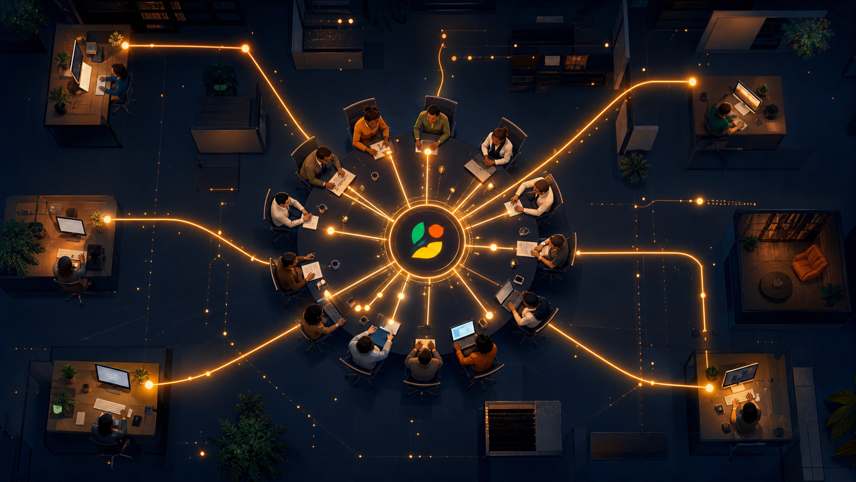 A top-down view of a modern corporate meeting room with a large circular table. Multiple people of diverse backgrounds are seated around it, with glowing lines of light radiating outward from the center of the table in different directions, each line traveling beyond the room and connecting to distant desks, screens, and workspaces throughout a stylized open office. The glowing lines symbolize decisions and context flowing outward to all relevant stakeholders. Color palette: deep navy blue with warm amber and gold glowing lines, clean and professional atmosphere.