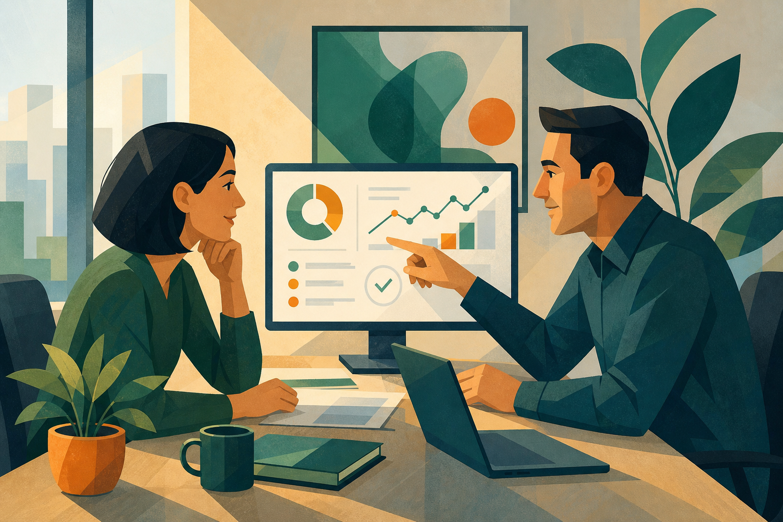 A manager and direct report in a modern office setting reviewing goals and giving feedback during a one-on-one meeting. The manager is pointing at a shared document on a screen showing charts and progress metrics. Both people appear engaged and collaborative. Clean, professional workspace with warm natural lighting. Flat illustration style with muted blues and greens. No text or labels in the image.