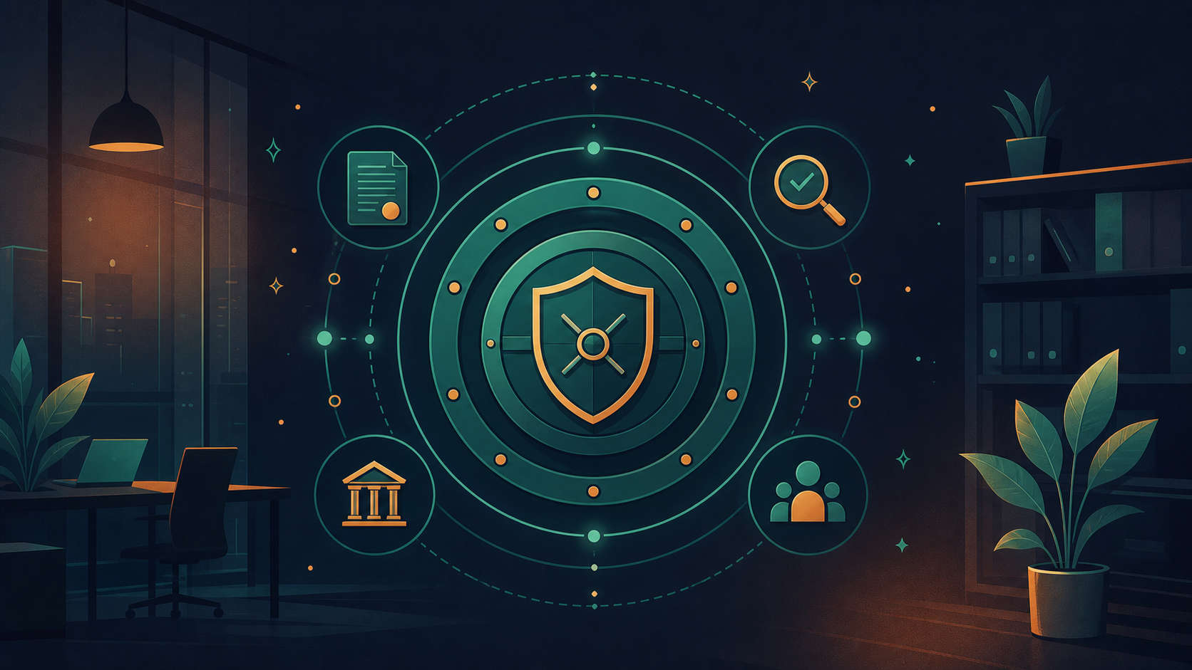 A clean, professional flat-design illustration showing enterprise security and compliance concepts: a central secure vault or shield with layered concentric rings representing multiple certification tiers, surrounded by abstract icons representing audit verification, legal documents, and organizational governance. The color palette is deep navy blue and teal with subtle gold accents. The composition conveys institutional trust and multi-layer protection. Corporate office aesthetic, no text, no words, no letters, no labels anywhere in the image.