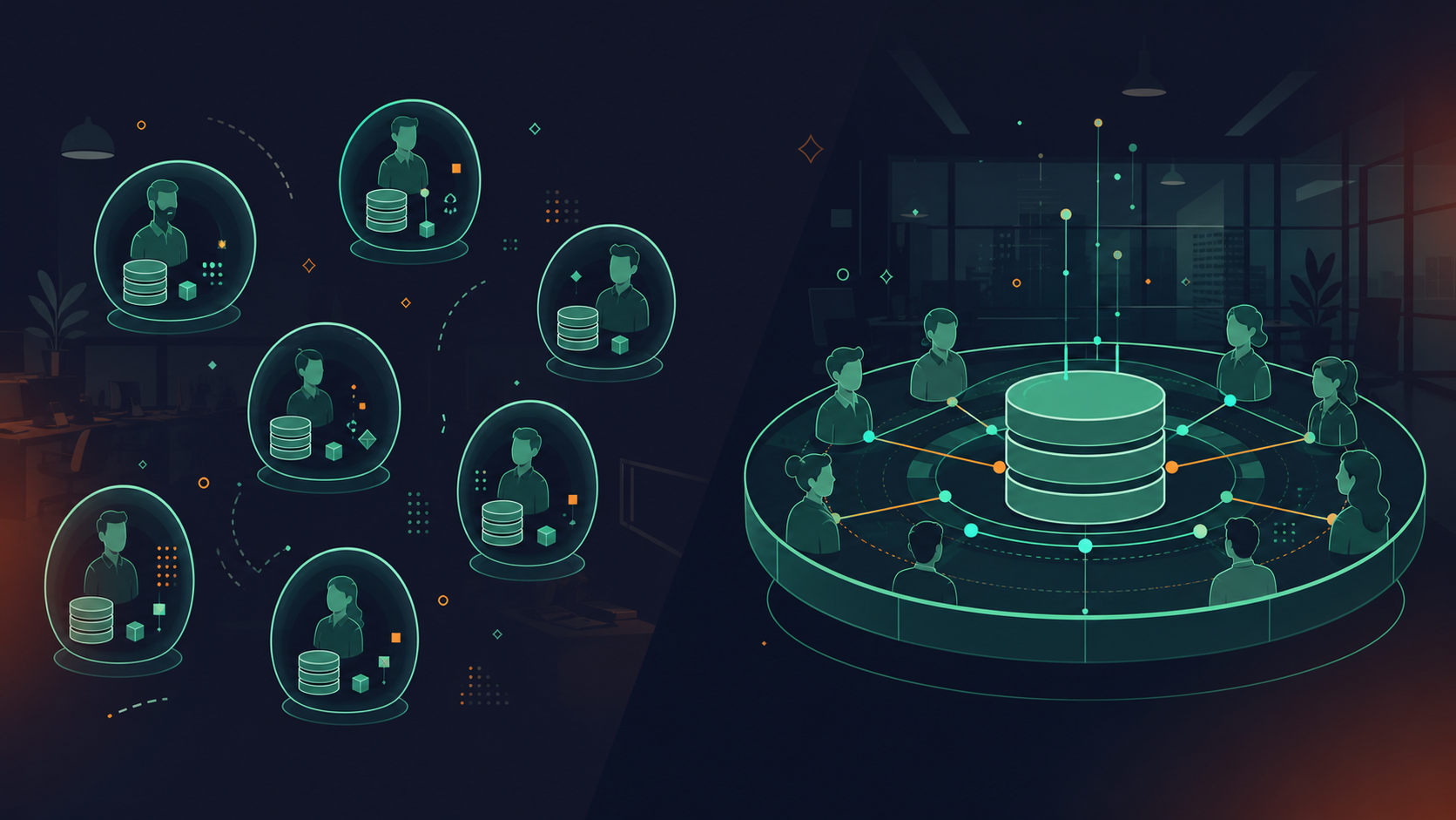 A split-scene diagram showing two contrasting organizational data structures: on the left, multiple isolated bubble-shaped containers each representing an individual employee's data silo, disconnected from each other, floating separately in a fragmented arrangement; on the right, a unified central hub with a structured circular platform where all employee data flows into one centralized, organized repository connected by clean lines, representing org-wide governance. The left side has a scattered, chaotic feel with disconnected nodes; the right side is orderly and interconnected. Corporate office environment aesthetic, flat design with deep blue and teal color palette, no text or labels anywhere in the image.