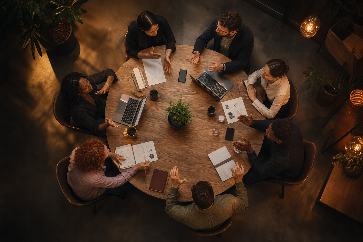 A top-down view of a modern office meeting room with several people gathered around a round table in conversation, gestures mid-discussion, papers and laptops visible, warm ambient lighting, photorealistic style, no text or labels anywhere in the scene
