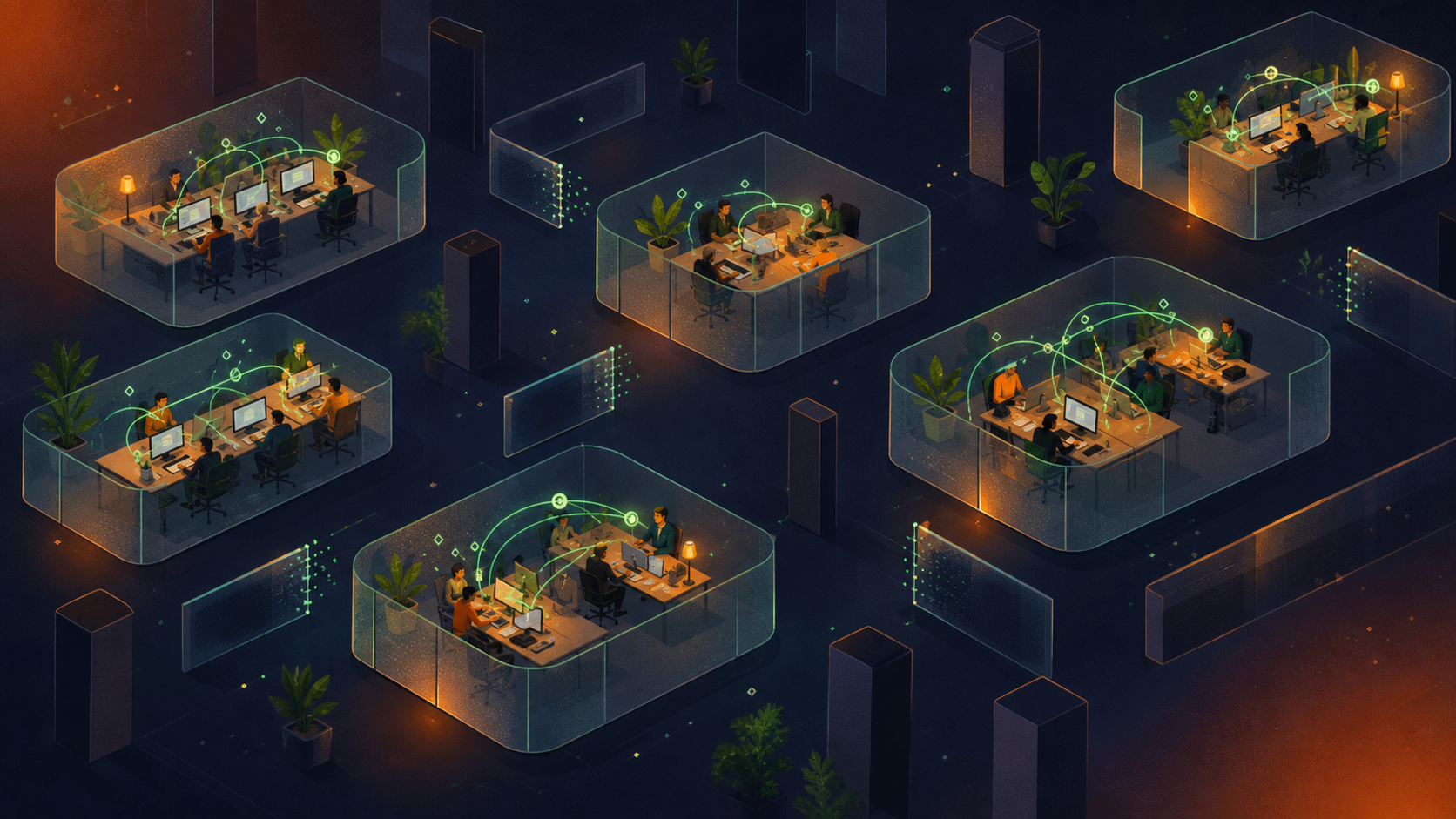 A bird's-eye view illustration of a large modern open-plan office floor divided into isolated clusters of desks, each cluster surrounded by subtle translucent walls symbolizing invisible barriers. Each cluster has people working independently, with faint glowing lines of information flowing within each cluster but stopping abruptly at the barriers. The overall color palette is cool blues and grays with warm amber highlights on the isolated groups, conveying organizational fragmentation and information silos in a corporate environment.