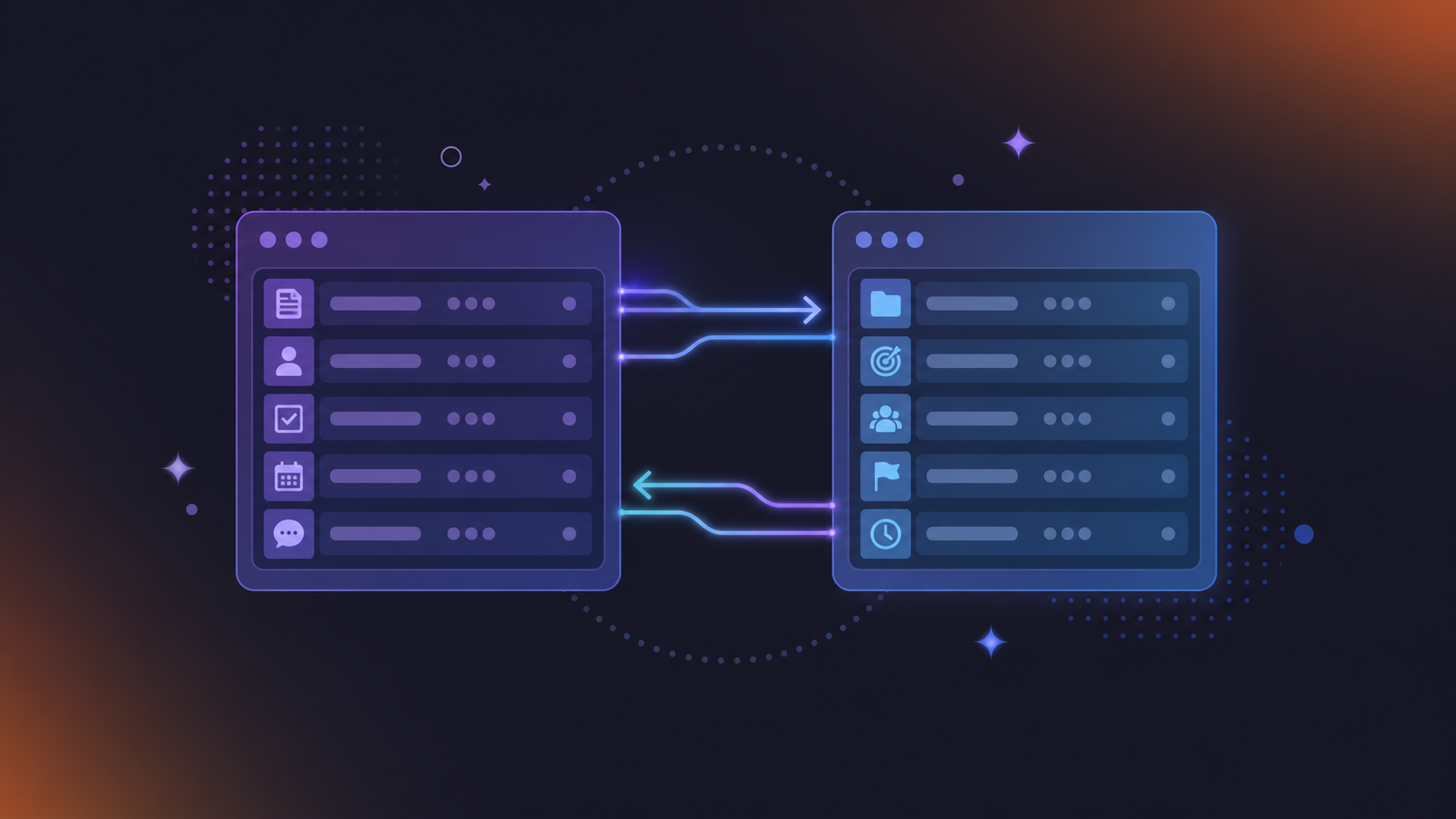 A flat design illustration of two interconnected digital database panels floating side by side, connected by glowing arrows or lines, representing a two-way relationship between a meeting notes database and a projects database, with abstract rows and property icons visible in each panel, soft purple and blue color palette, minimal and modern style, no text or labels