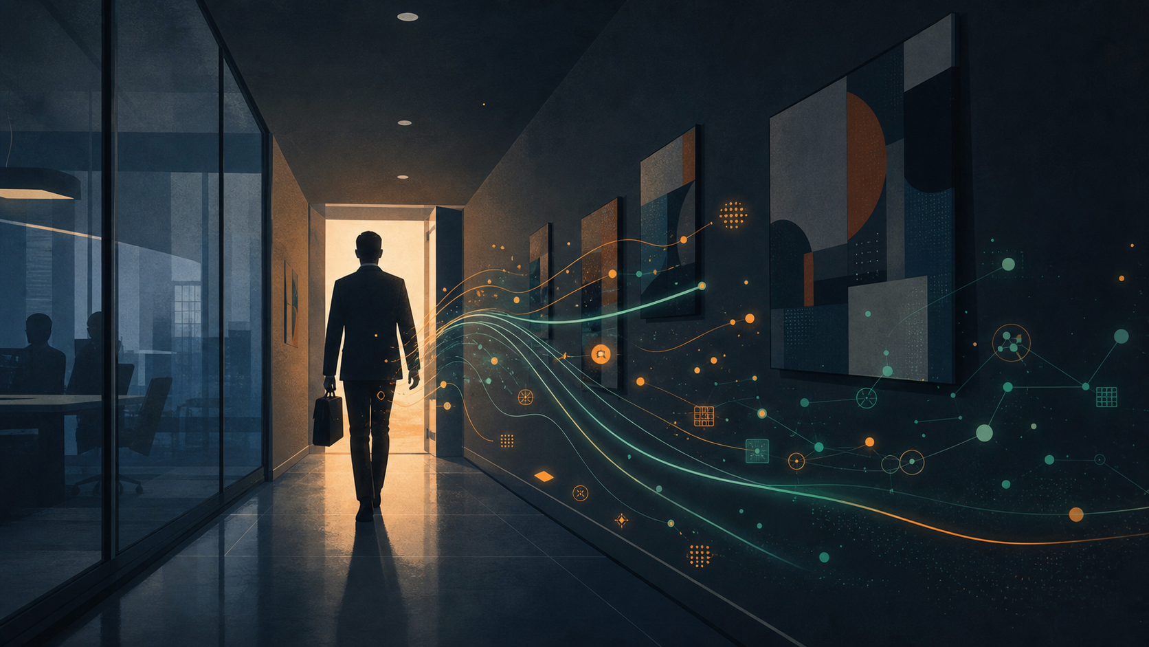 A professional office hallway scene showing a departing employee silhouette walking toward an exit door, carrying a briefcase, while glowing streams of light and abstract data nodes float away with them, representing intangible knowledge leaving an organization — muted corporate color palette with blues and grays, cinematic lighting, no text