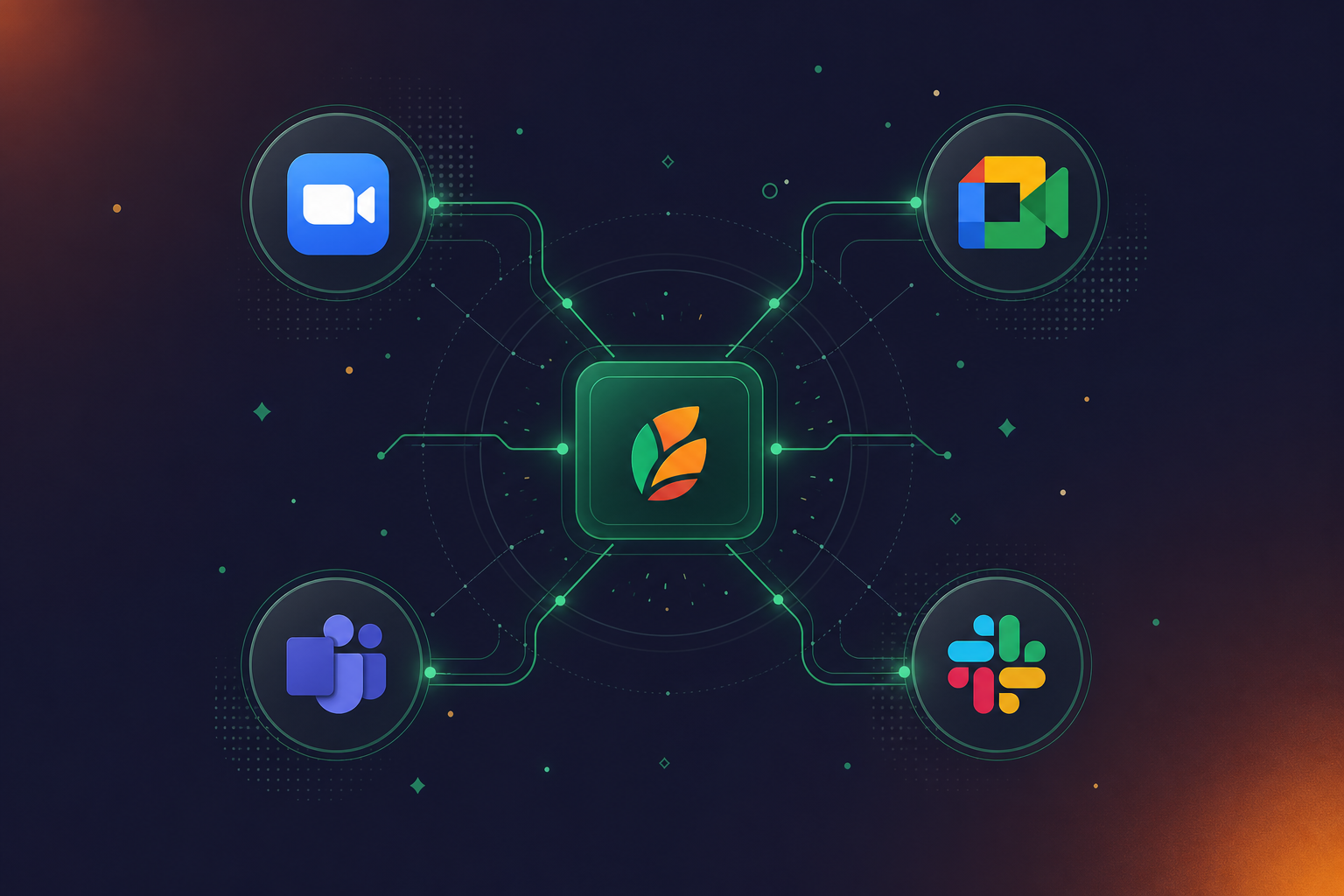 A modern flat-style illustration showing multiple video conferencing platform icons arranged around a central hub in a clean network diagram layout, representing Zoom, Google Meet, Microsoft Teams, and Slack connected to a unified workspace, soft blue and purple tones, professional enterprise technology aesthetic, no text or labels, minimalist design with glowing connection lines between nodes