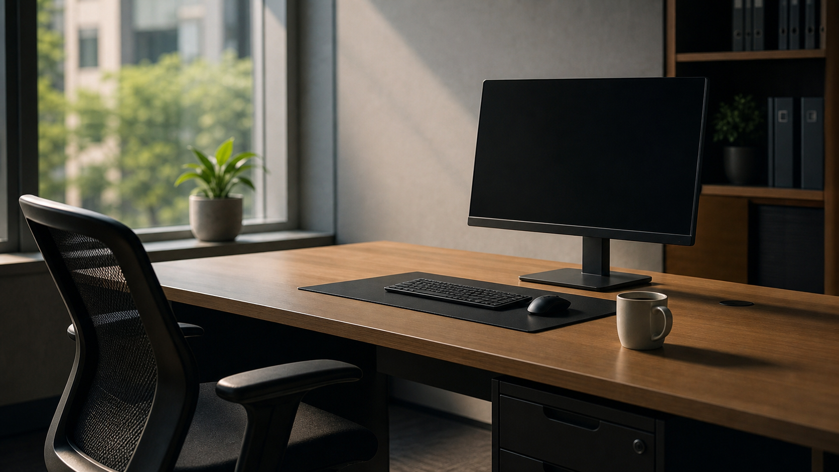 A wide-angle view of an empty office desk after someone has packed up and left — a cleared workspace with a chair pushed back, a monitor dark, a coffee mug left behind, and small personal items gone, soft natural light coming through a nearby window, subtle sense of absence and transition, photorealistic style, no text or labels anywhere in the scene