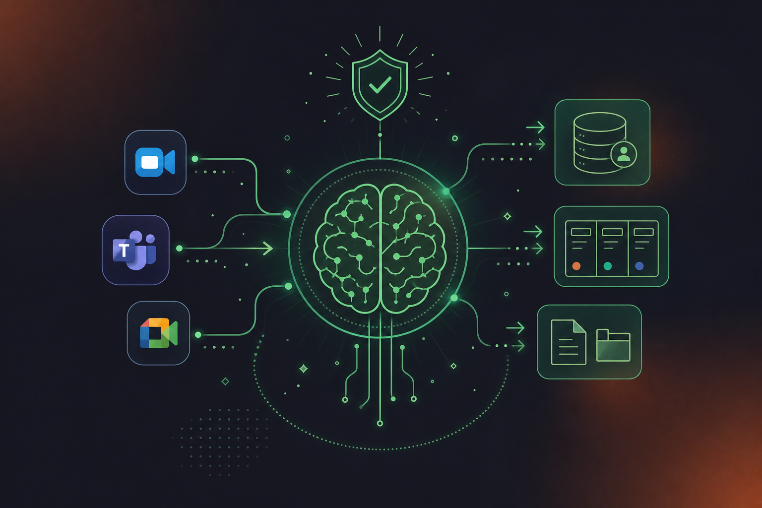A clean flat design illustration showing the concept of a company brain as organizational knowledge infrastructure. A central brain/hub icon connected by flowing lines to meeting platform logos (Zoom, Teams, Google Meet), a CRM database, a project management board, and a document repository. Arrows show knowledge flowing in and out, with a shield icon indicating governance. Green and white color palette, professional enterprise tech aesthetic, minimal iconography, no text labels.