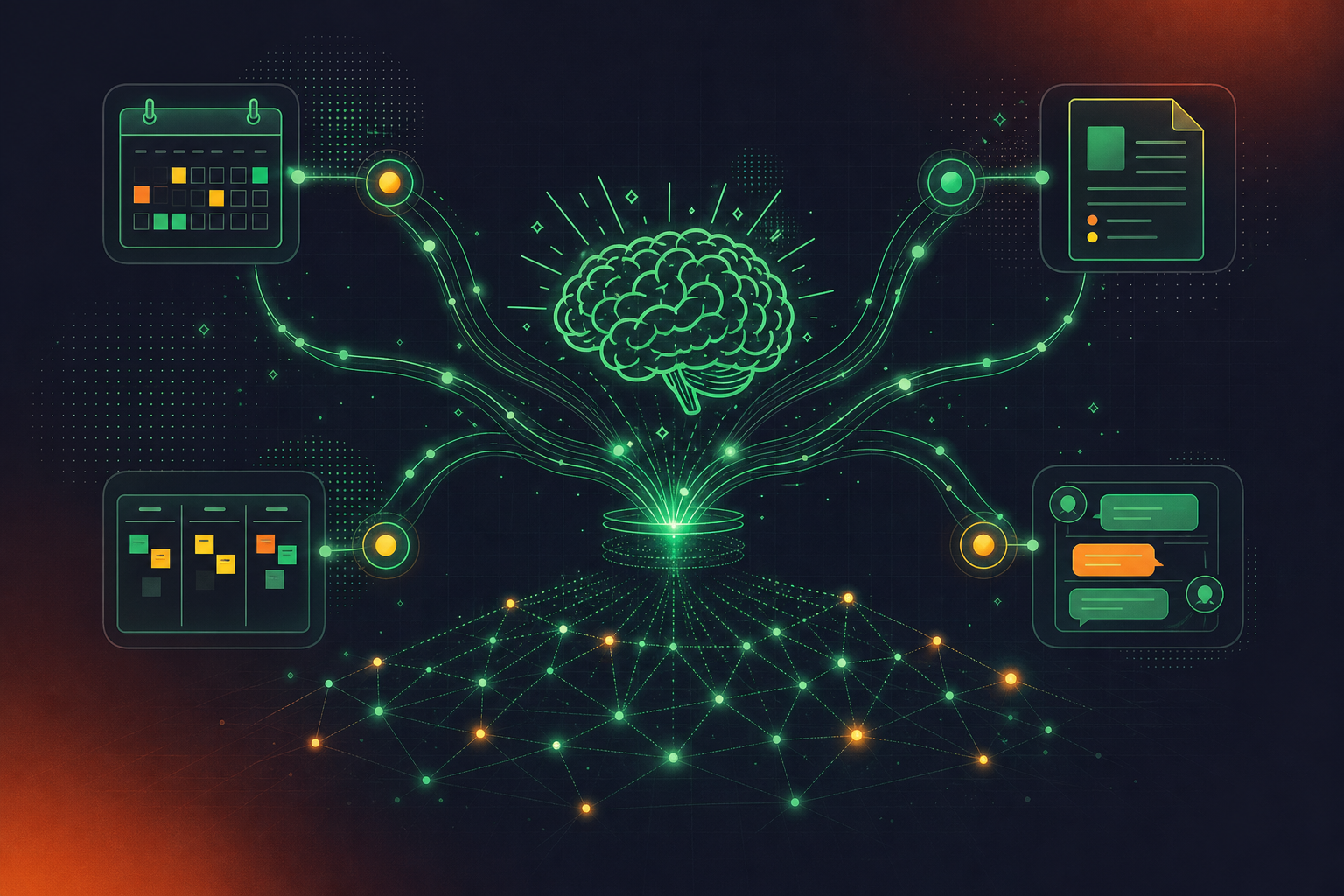 A glowing interconnected network of nodes representing different business systems — a calendar, a document, a project board, a chat interface — all linked together by luminous data streams flowing into a central brain-shaped hub, set against a deep navy background with subtle grid lines, conveying organizational intelligence and unified institutional memory